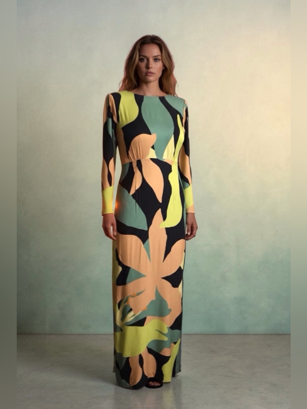 Beautiful Blank London Maxi Dress in Black, Green & Peach Print